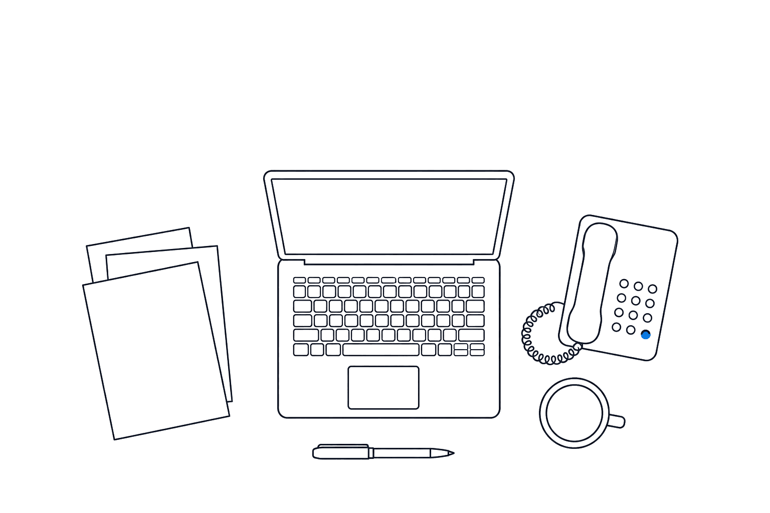 Dessin au trait d’un bureau vu de dessus : un ordinateur portable, des documents, un téléphone, une tasse